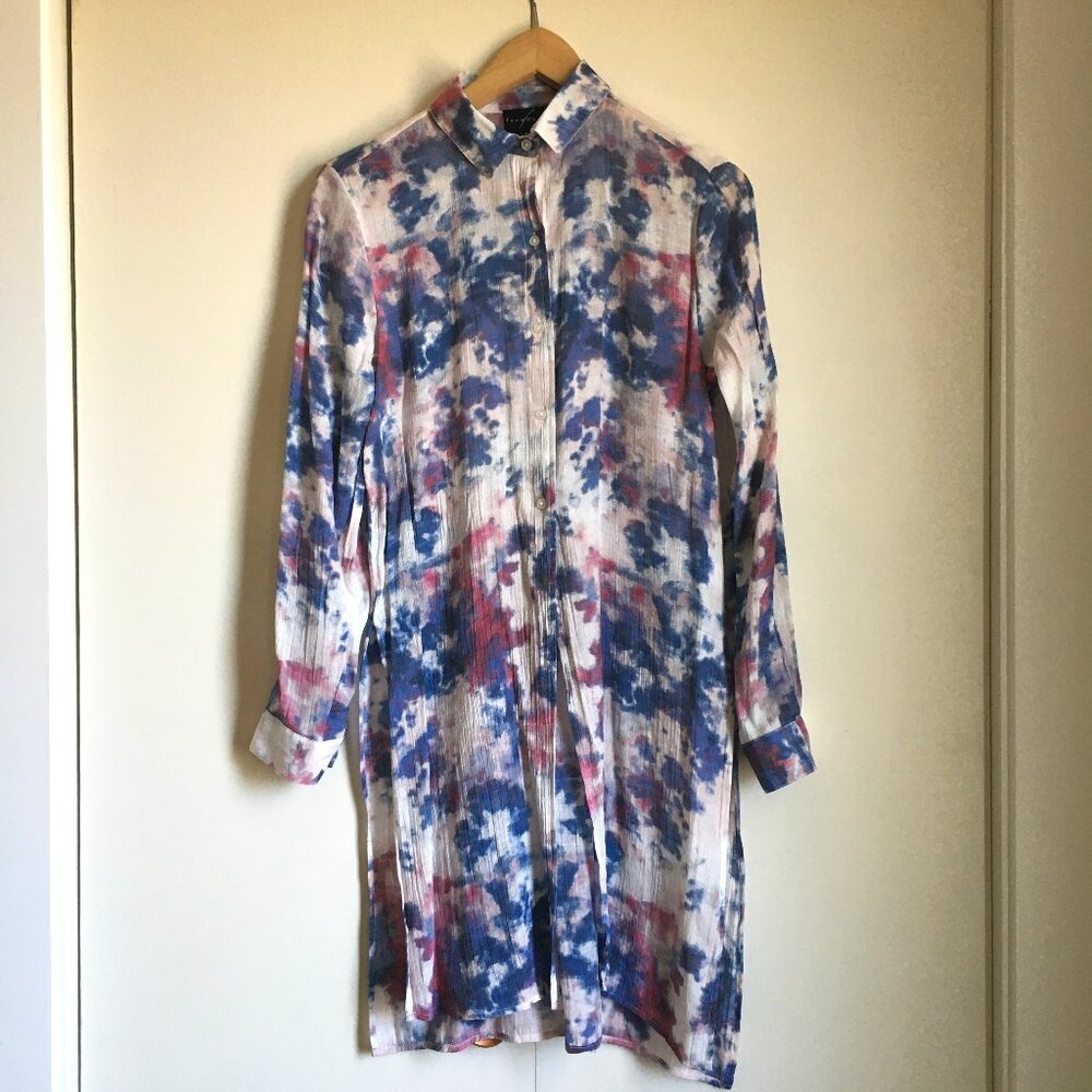 Lagenlook Artistic Ink Blot Tie Dye Longline Semi Sheer Open Front Boho Tunic S